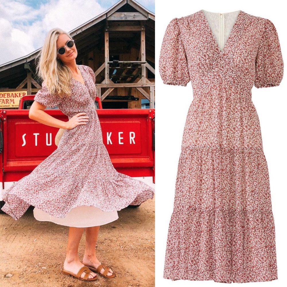 Tory Burch Floral Cotton Silk Tiered Dress 8 Puff Sleeve Crepe Retro Vintage